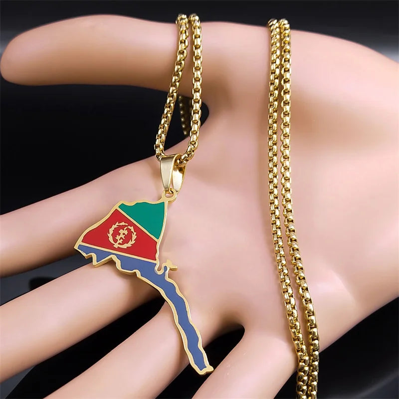 Fashion Eritrea Map Flag Pendant Necklaces for Women Men Stainless Steel Gold Color African of Eritrean Ethnic Jewelry N7604