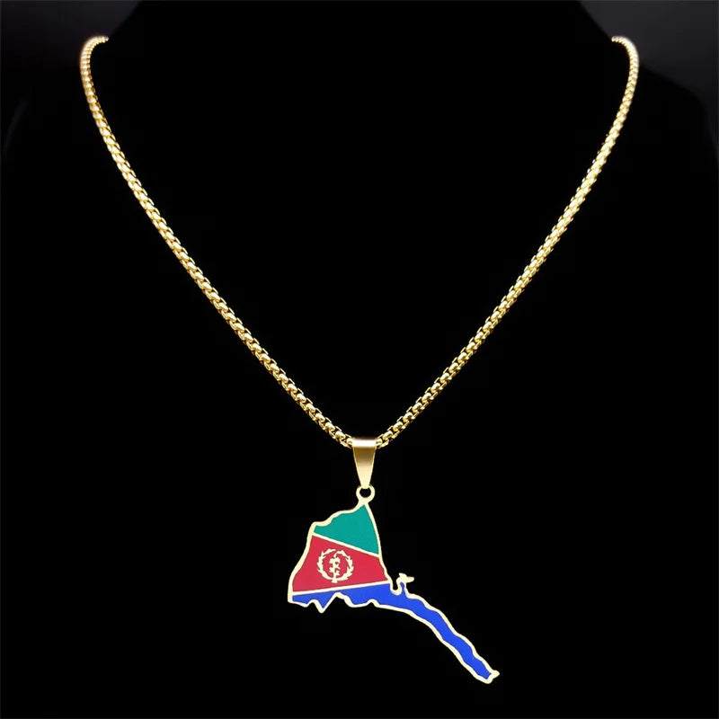 Fashion Eritrea Map Flag Pendant Necklaces for Women Men Stainless Steel Gold Color African of Eritrean Ethnic Jewelry N7604